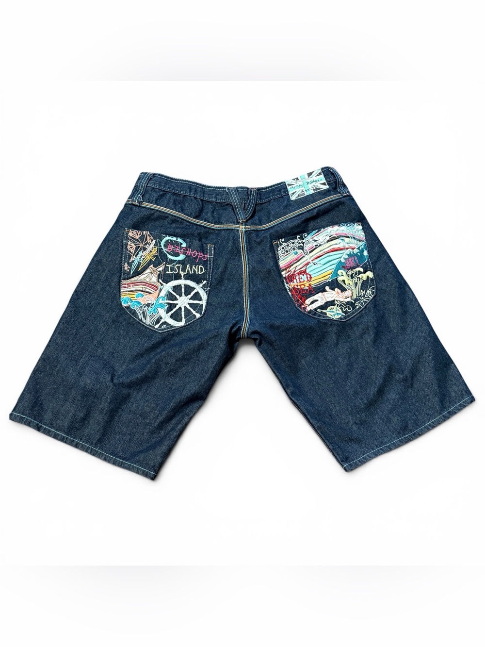 Vintage Y2K Artful Dodger Bishops Island Baggy Jean Shorts Colorful Pockets 38